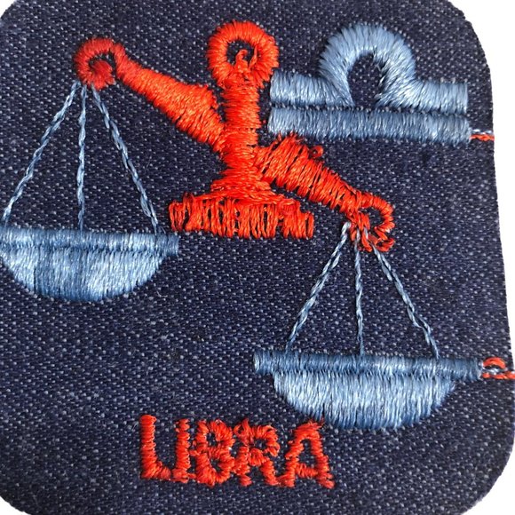 Vintage Rumper Stitcher Libra Embroidered Sew Iron On Patch Astrology Denim Red - Picture 3 of 4